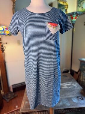 Jane and Delancey Blue and White Striped Dress w/Vintage floral Handkerchief